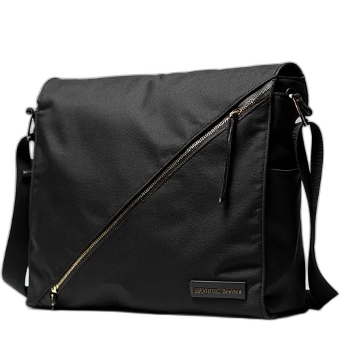 black, canvas, messenger, bag, diagonal, zipper, closure, front transparent PNG cut-out