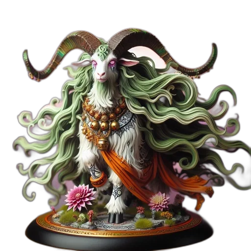 creature, crown, hair, fantasy art, concept art, green, mystical, goat-like transparent PNG cut-out