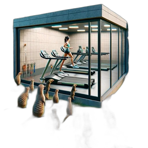 furniture, 3d render, concept art, gym, treadmills, seen, scenic, setting transparent PNG cut-out