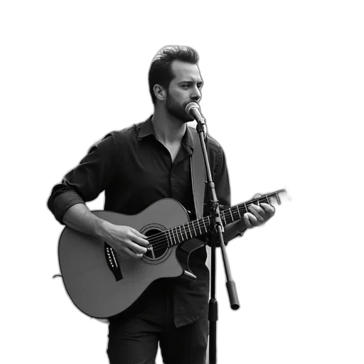 jacket, black, white, image, man, playing, acoustic, guitar transparent PNG cut-out