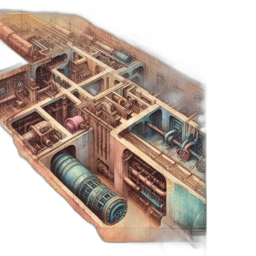 concept art, illustration, portrays, elaborate, colorful, cross-section, vast, machine transparent PNG cut-out