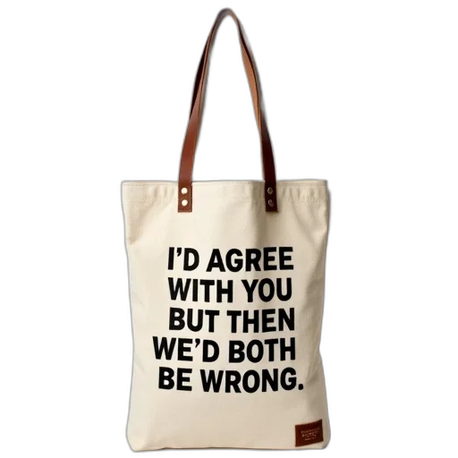 beige, canvas, tote, bag, black, text, design, reads transparent PNG cut-out