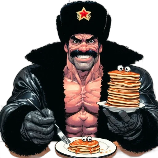 food, jacket, comic book art, concept art, muscular, man, starred, hat transparent PNG cut-out