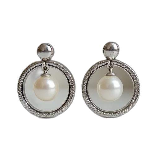 jewelry, pair, silver, earrings, circular, design, pearl, top transparent PNG cut-out