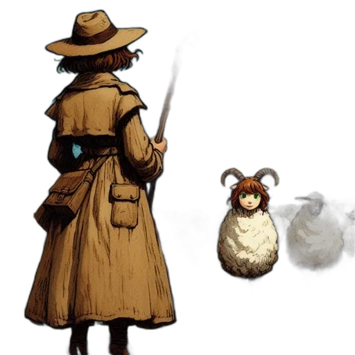 hat, staff, animal, jacket, concept art, pixel art, fantasy art, watercolor transparent PNG cut-out