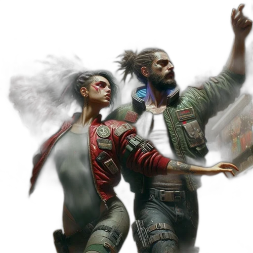 concept art, fantasy art, cyberpunk, comic book art, two, individuals, featuring, tattooed transparent PNG cut-out