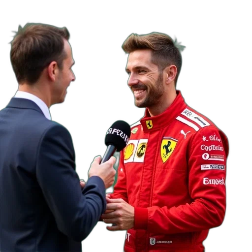 man, red, ferrari, racing, suit, being, interviewed, reporter transparent PNG cut-out