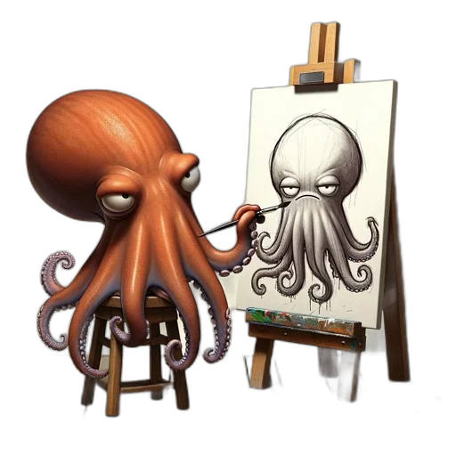 creature, concept art, photorealistic, fantasy art, pixel art, octopus, paints, itself transparent PNG cut-out