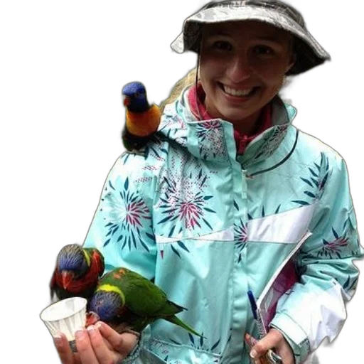 jacket, staff, animal, hat, colorful, neon, woman, holds transparent PNG cut-out