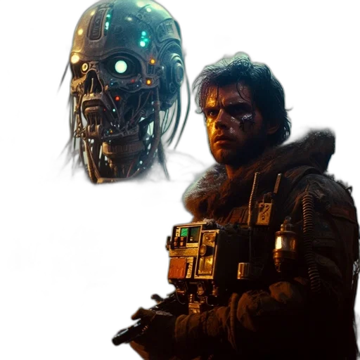 robot, mask, face, jacket, concept art, cyberpunk, comic book art, 3d render transparent PNG cut-out
