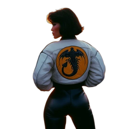 jacket, dragon, robot, concept art, comic book art, pixel art, vaporwave, woman transparent PNG cut-out