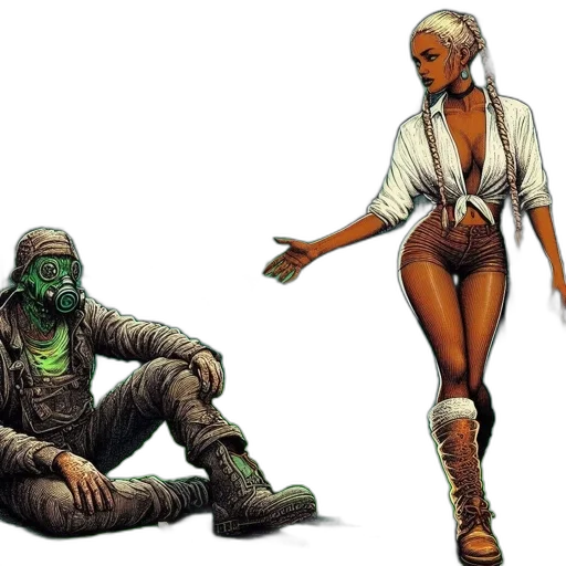concept art, comic book art, fantasy art, cyberpunk, earth tones, green, man, gas transparent PNG cut-out