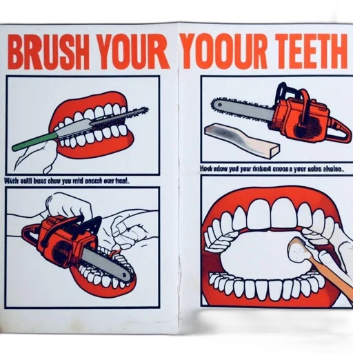 amusing, depiction, shows, chainsaw, replacing, toothbrush, brushing, teeth transparent PNG cut-out