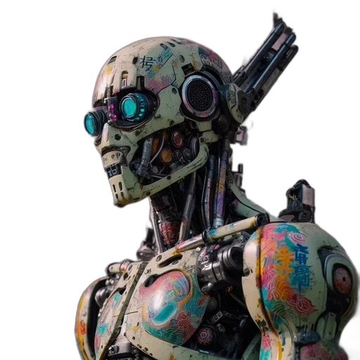 robot, weapon, cyberpunk, concept art, 3d render, pixel art, green, robotic transparent PNG cut-out