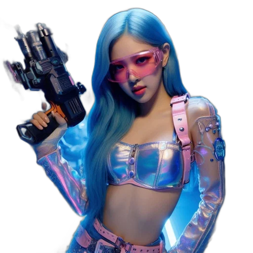 robot, weapon, cyberpunk, concept art, vaporwave, fantasy art, blue, neon transparent PNG cut-out