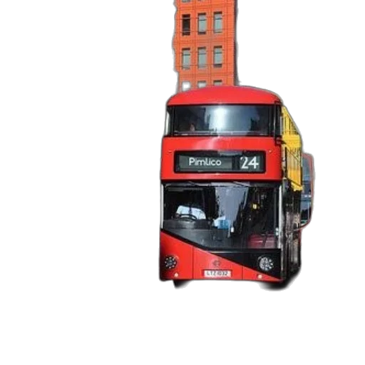 3d render, photorealistic, concept art, red, double-decker, bus, driving, down transparent PNG cut-out