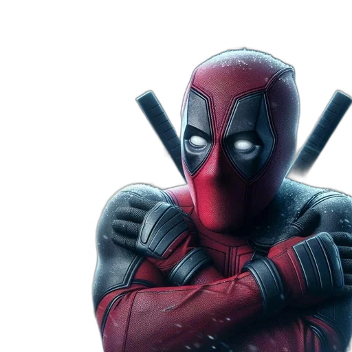 comic book art, concept art, deadpool, stands, snowy, cityscape, night, wearing transparent PNG cut-out