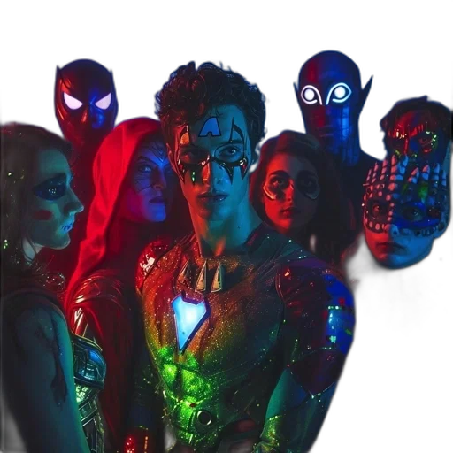 mask, comic book art, concept art, neon lights, group, individuals, unique, illuminated transparent PNG cut-out