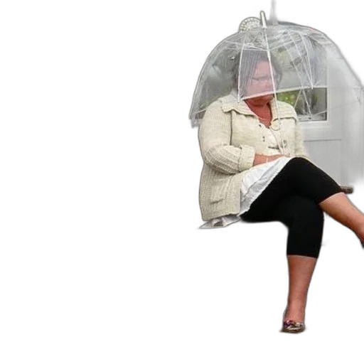 umbrella, jacket, hat, furniture, 3d render, woman, sits, wooden transparent PNG cut-out