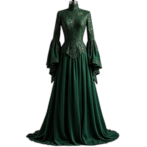 dress, green, dark, black, detailed, pattern, high, neckline transparent PNG cut-out
