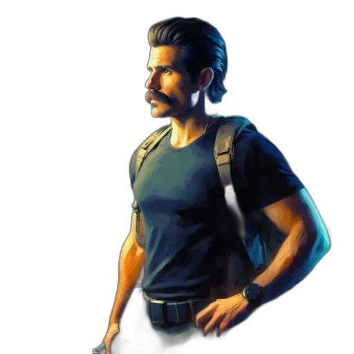 jacket, face, staff, weapon, concept art, pixel art, 3d render, photorealistic transparent PNG cut-out