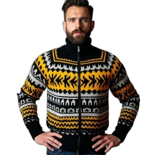 jacket, man, beard, wearing, black, white, patterned, sweater transparent PNG cut-out