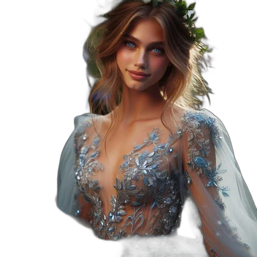 dress, jewelry, crown, photorealistic, fantasy art, oil painting, concept art, blue transparent PNG cut-out