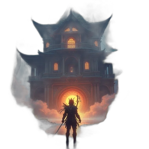 building, mask, crown, staff, concept art, fantasy art, watercolor, pixel art transparent PNG cut-out