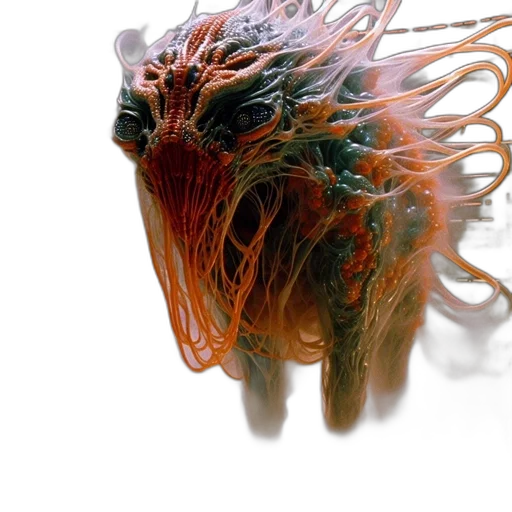 creature, dragon, hair, mask, 3d render, concept art, photorealistic, elaborate transparent PNG cut-out
