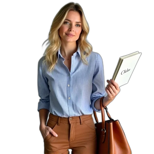 staff, jacket, earth tones, woman, blonde, hair, wearing, blue transparent PNG cut-out