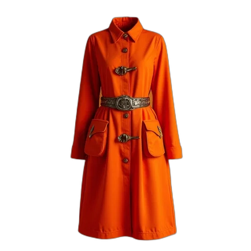 jacket, dress, orange, metal, belt, buckles transparent PNG cut-out