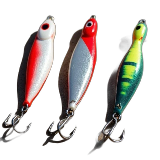 3d render, three, fishing, lures, lined, sandy, surface, have transparent PNG cut-out