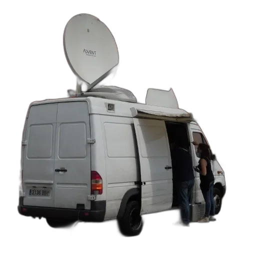 staff, white, van, satellite, dish, top, parked, front transparent PNG cut-out