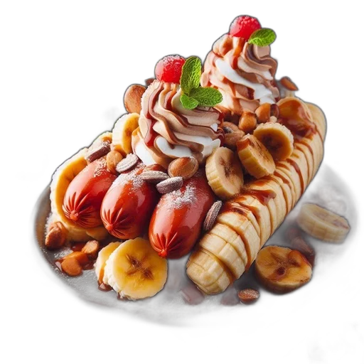 food, crown, 3d render, photorealistic, unconventional, banana, split, dessert transparent PNG cut-out