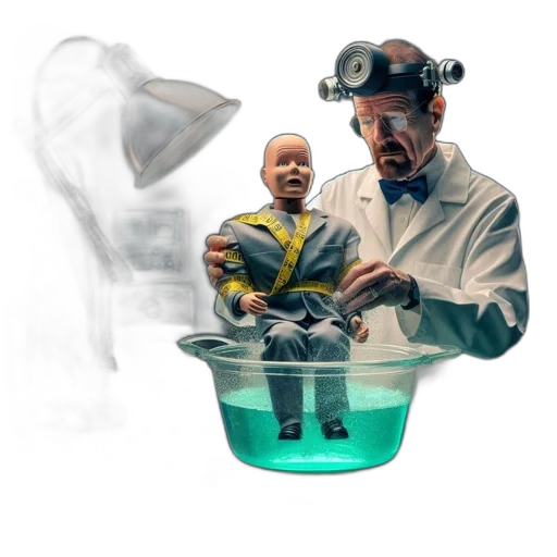 mask, concept art, fire, elderly, scientist, examines, anthropomorphic, doll transparent PNG cut-out