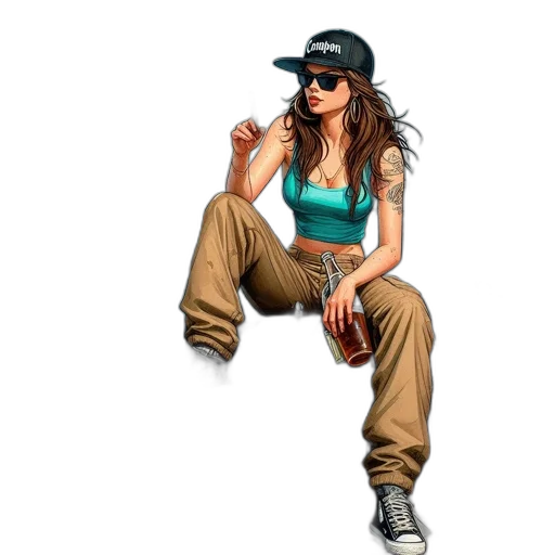 cartoon, concept art, photorealistic, pixel art, woman, sits, hood, vintage transparent PNG cut-out