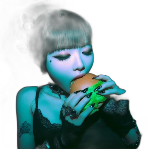 food, robot, creature, jewelry, vaporwave, cyberpunk, concept art, photorealistic transparent PNG cut-out