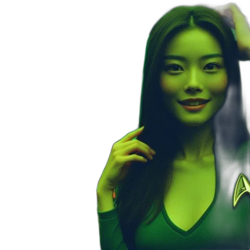 photorealistic, 3d render, comic book art, concept art, outer space, green, woman, starfleet transparent PNG cut-out