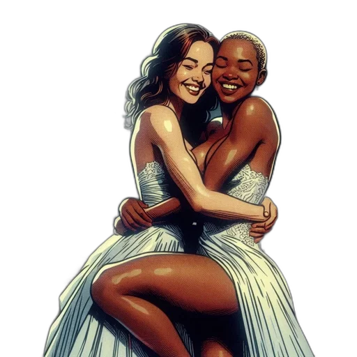 dress, comic book art, concept art, photorealistic, fantasy art, two, women, embrace transparent PNG cut-out