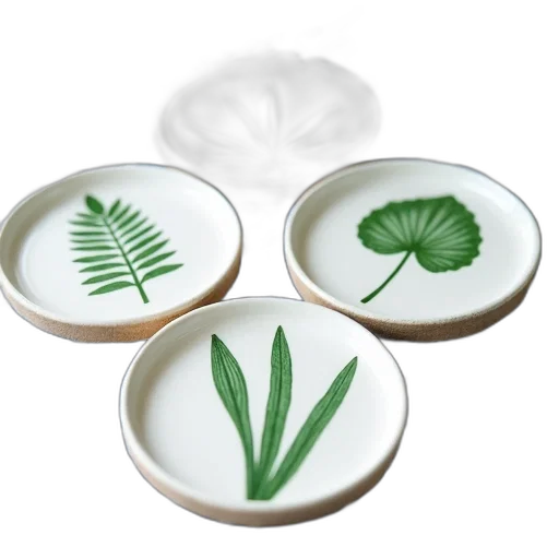 green, set, four, ceramic, coasters, white, illustrations, various transparent PNG cut-out