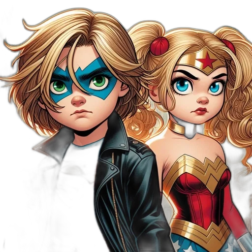 comic book art, concept art, cartoon, two, animated, characters, one, superman-inspired transparent PNG cut-out