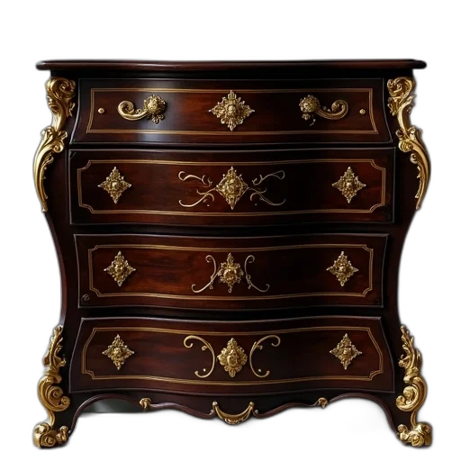 furniture, crown, jewelry, dark, wood, chest, has, scrolls transparent PNG cut-out