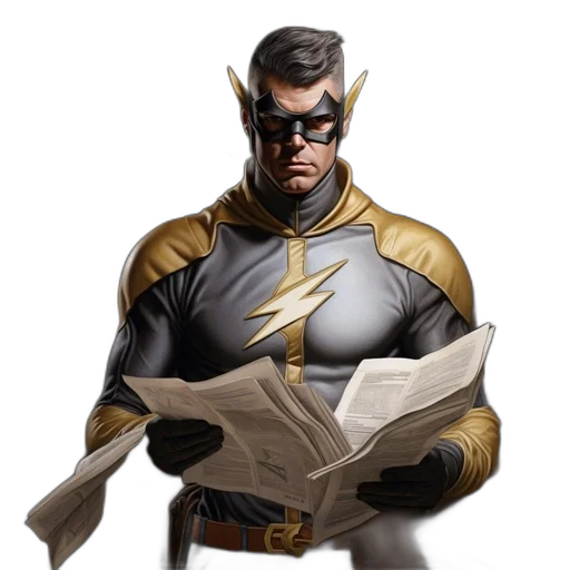 comic book art, concept art, fantasy art, superhero, yellow, gray, suit, reads transparent PNG cut-out