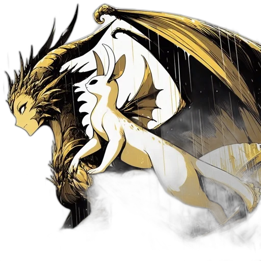 dragon, fantasy art, concept art, pixel art, comic book art, golden, dragon-bunny, hybrid transparent PNG cut-out