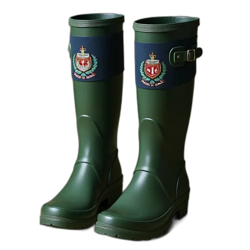 rubber, knee, wellingtons, military, green, blue, crest, embroidery transparent PNG cut-out