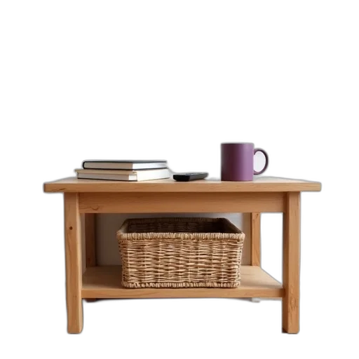 furniture, 3d render, wooden, table, woven, basket, underneath, placed transparent PNG cut-out