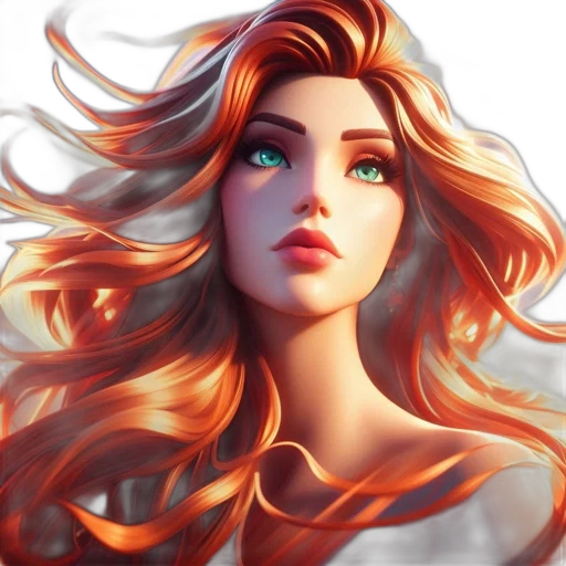 hair, face, fantasy art, photorealistic, oil painting, anime, fire, golden transparent PNG cut-out