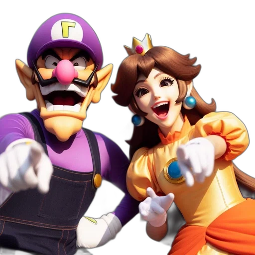 3d render, concept art, two, animated, characters, reminiscent, waluigi, mario transparent PNG cut-out
