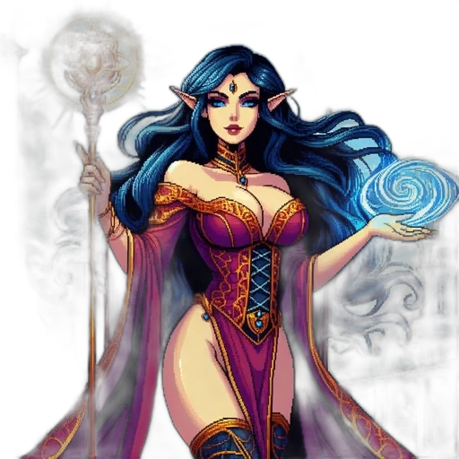 dress, fantasy art, concept art, comic book art, pixel art, dark, blue, colorful transparent PNG cut-out