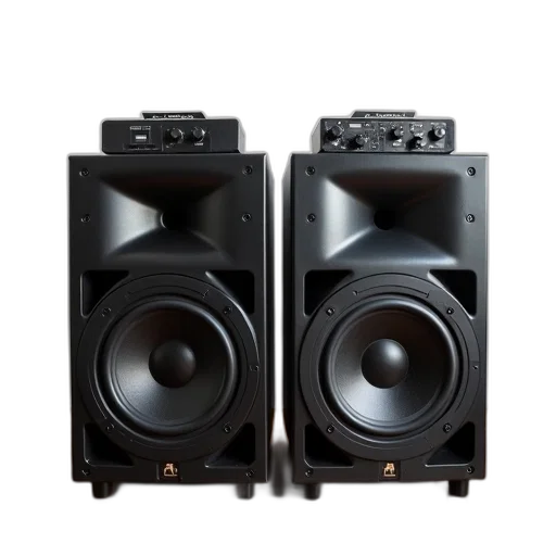 pair, large, black, professional, audio, speakers, control, panel transparent PNG cut-out